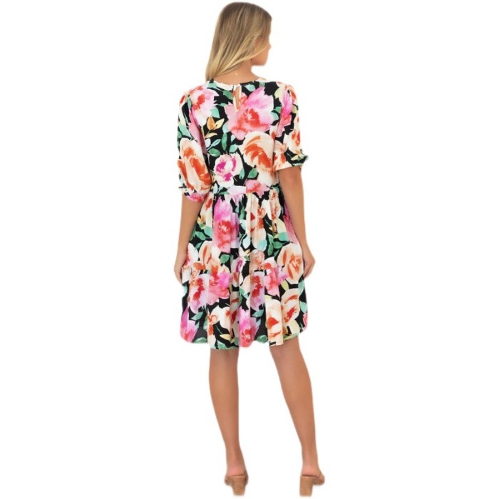 Summer floral print V-neck short sleeve loose hem short dress