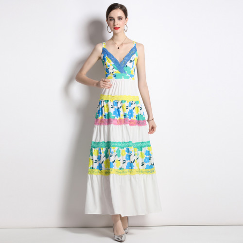 Sling Women's Elegant Fashion Printed Patchwork A-line Long Dress