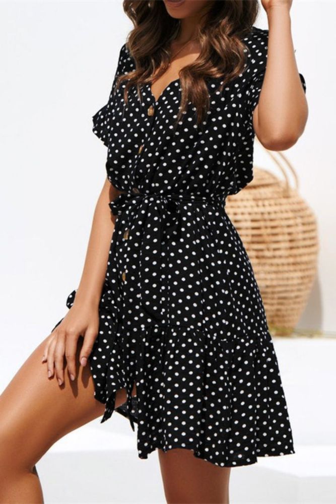 Sexy polka dot print V-neck button fastening chiffon dress
