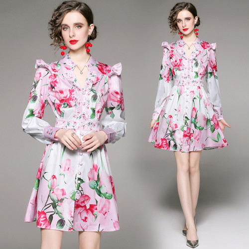 Fashionable retro V-neck cardigan single row multi-button print A-line maxi dress