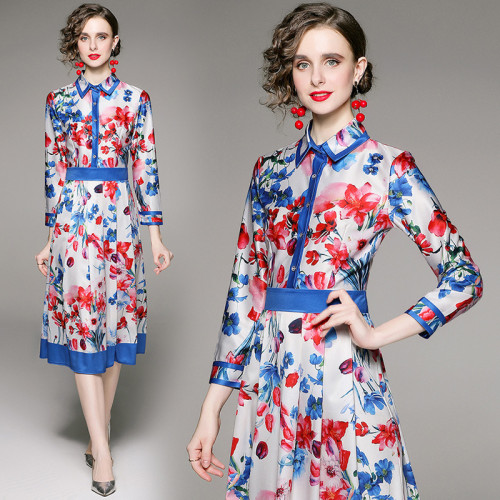 Fashionable and versatile waist-skimming printed A-line hem mid-length dress