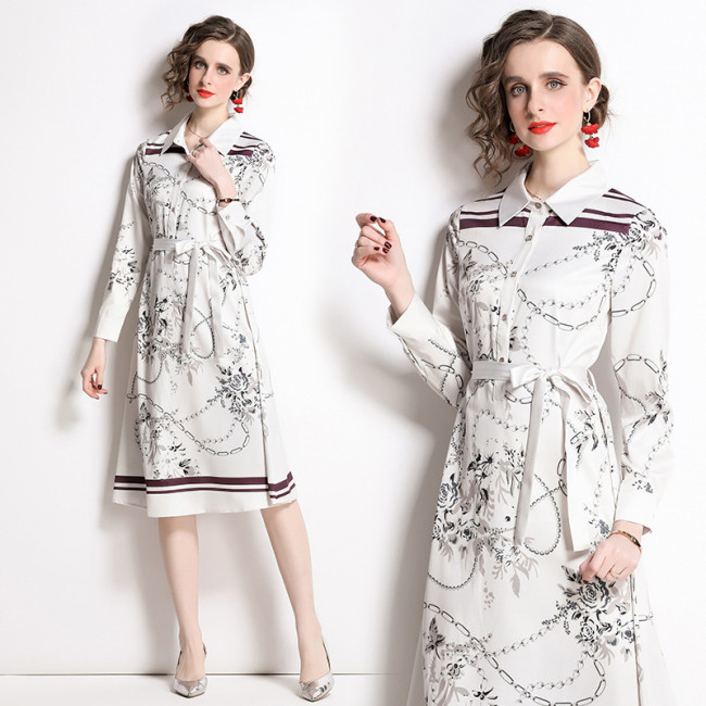 Elegant Lapel Long Sleeve Single Breasted Printed Dress Printed A-line Maxi Dress