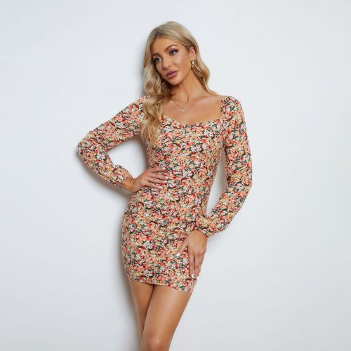 Pleated floral wrap-around long sleeve dress