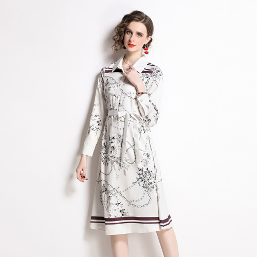 Elegant Lapel Long Sleeve Single Breasted Printed Dress Printed A-line Maxi Dress
