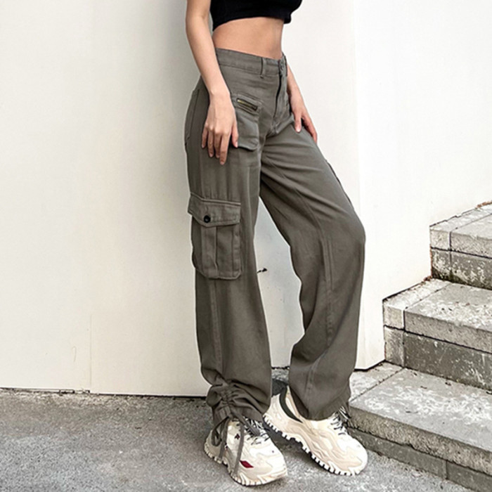 New leg drawstring lace-up high waist skinny straight casual trousers