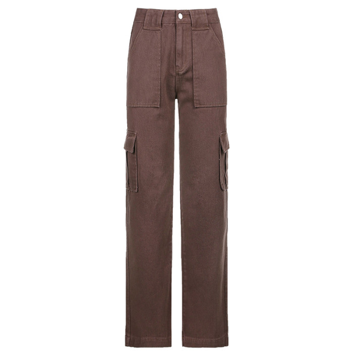 Vintage Brown Pocket High Waist Straight Leg Pants Women's Casual Trousers