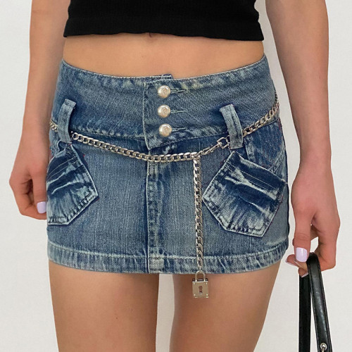 New streetwear row of studded buckles without waist chain wrap hip half-body skirt