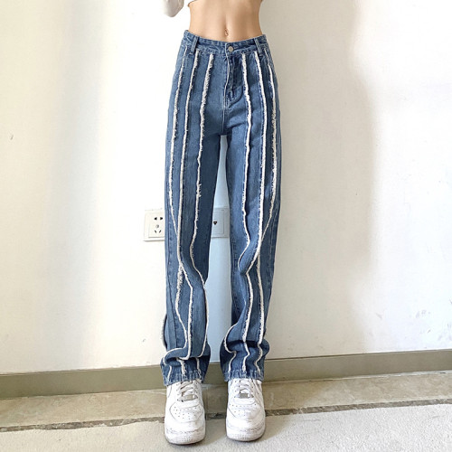 Raw-edged vertical split jeans women's high waist loose draped straight casual trousers