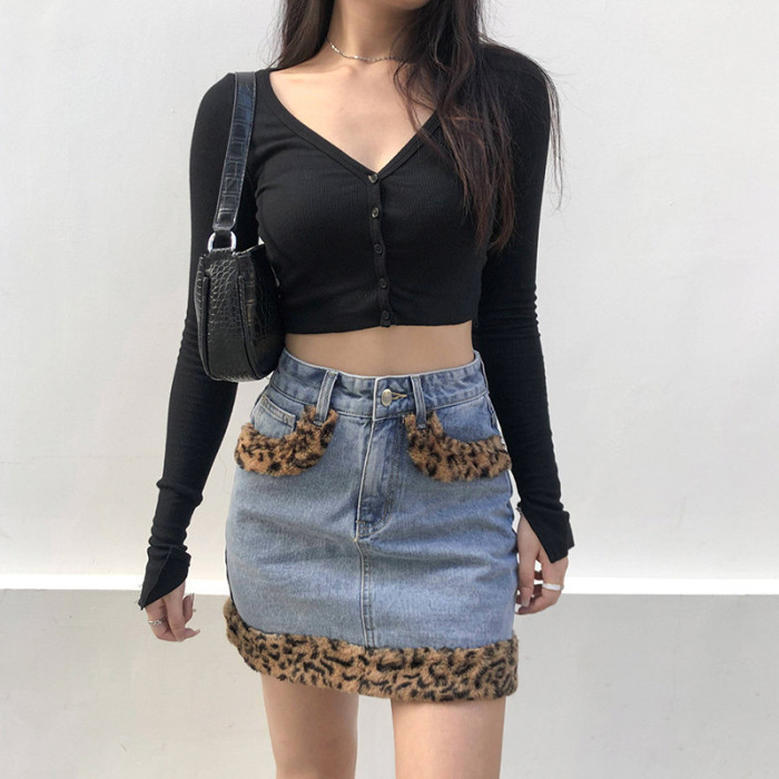 Fashionable leopard print colour blocked hip jean skirt