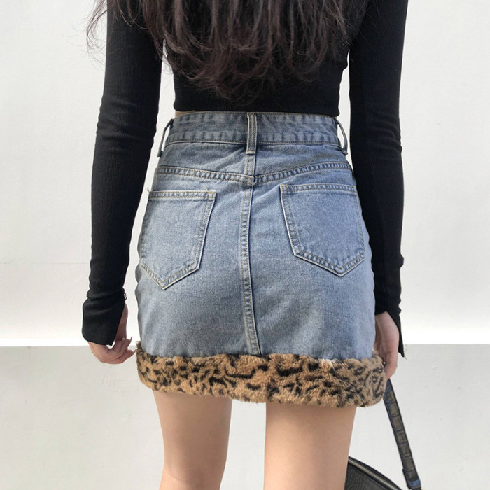 Fashionable leopard print colour blocked hip jean skirt