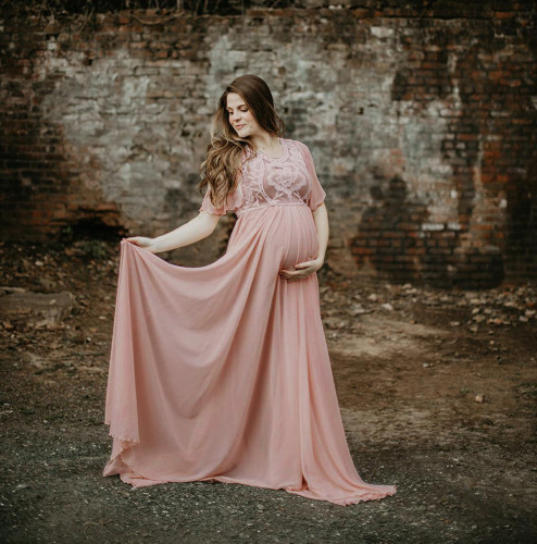 Women's Lace Patchwork Chiffon Maternity Trailing Short Sleeve Dress Long