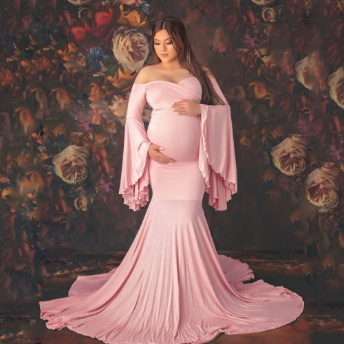 Women's Mercerised Cotton Maternity Ruffle Sleeve Trailing Dress Long