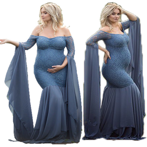 Women's Lace Patchwork Maternity Extra Long Sleeve Dress Long