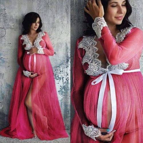 Long-sleeved floor-length maternity dress with stitched mesh front split