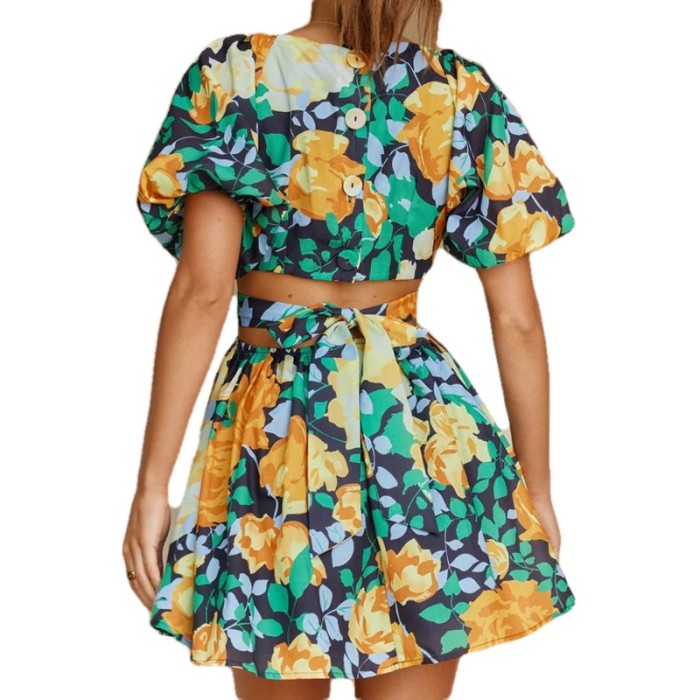 Women's V-neck cut-out backless lantern sleeve sexy printed dress