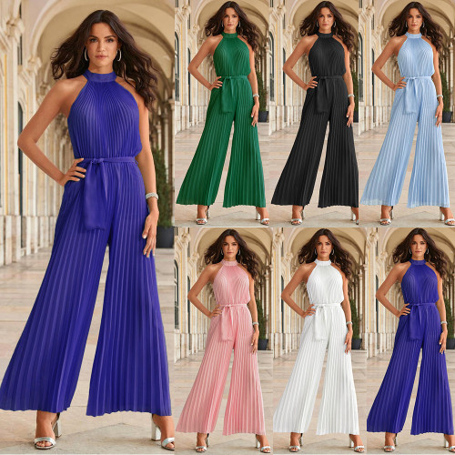 Summer women's new lace-up slim-fit pleated wide-leg jumpsuit