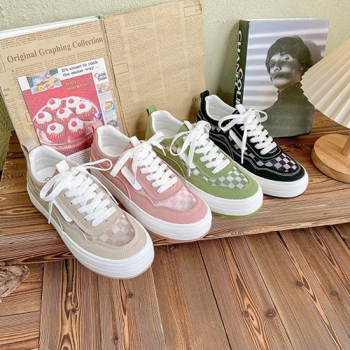 Mesh checkerboard spring new colour blocking canvas shoes female