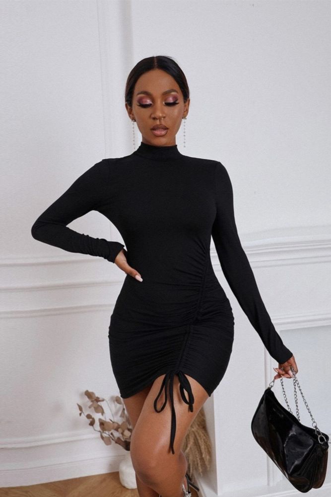 Sexy backless pleated hip high neck pullover knitted long sleeve dress