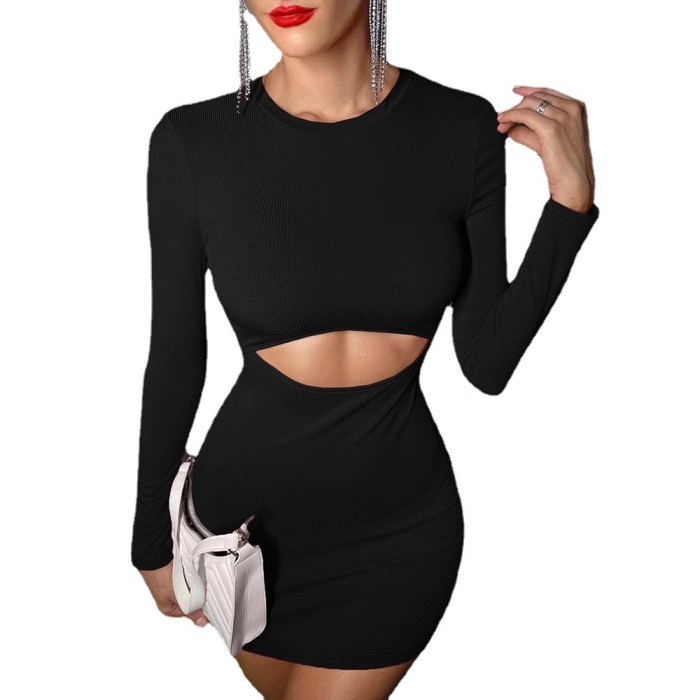 New round neckline hollowed out hip-length sleeve dress