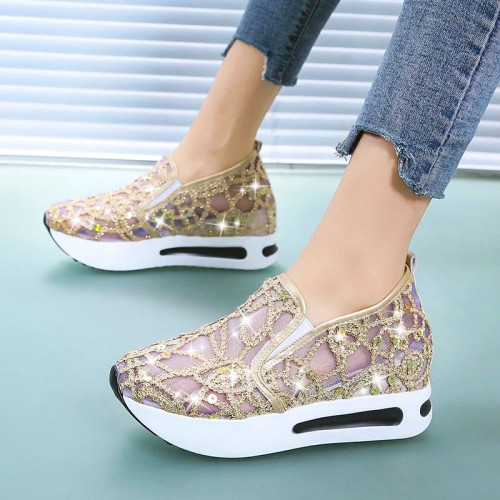 Height-enhancing sequin mesh breathable casual sneakers
