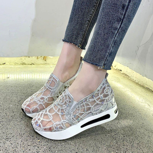 Height-enhancing sequin mesh breathable casual sneakers