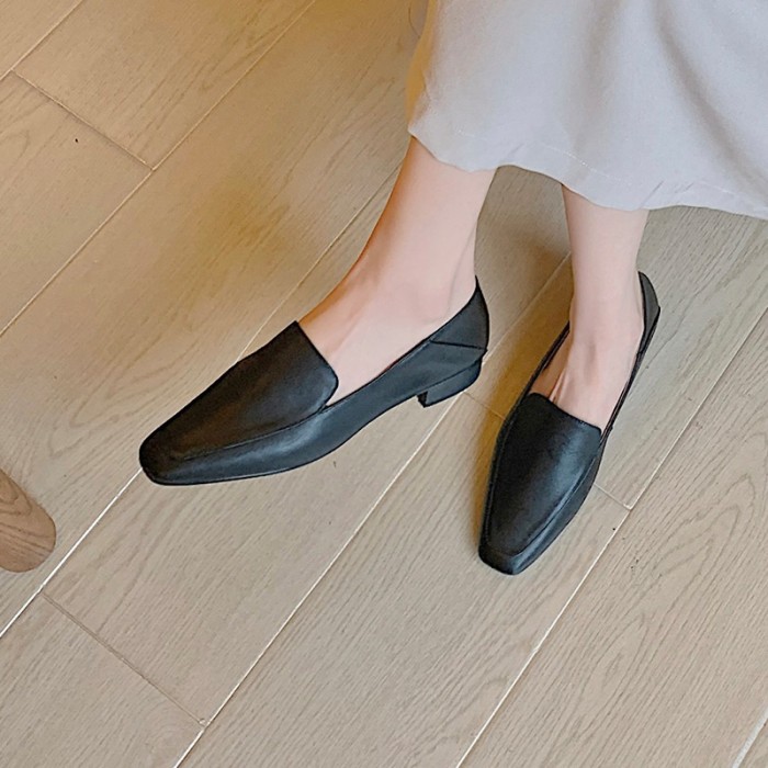 Cowhide Square Toe Flats Women's Simple Shoes Comfortable Slippers Loafers