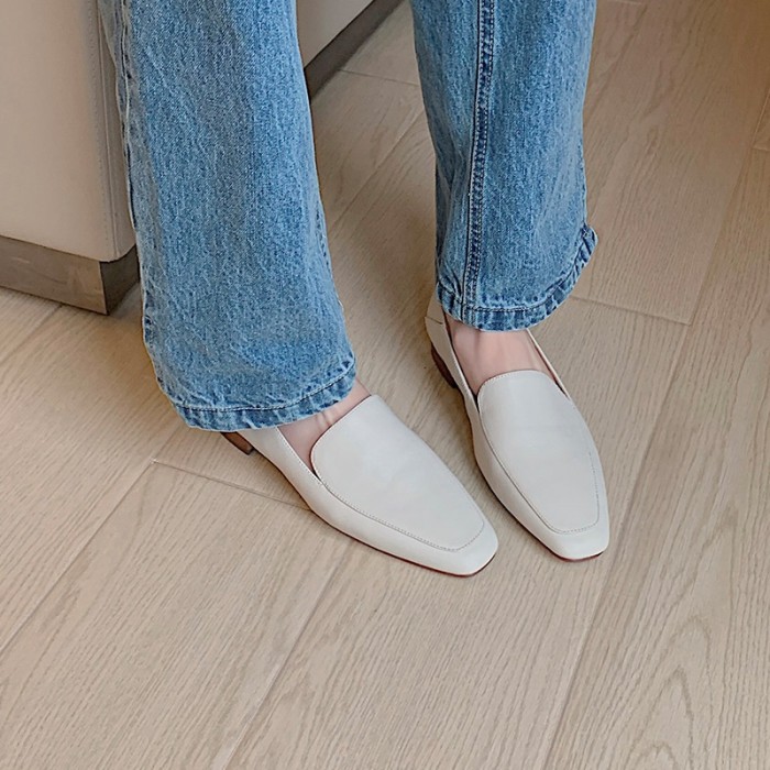 Cowhide Square Toe Flats Women's Simple Shoes Comfortable Slippers Loafers