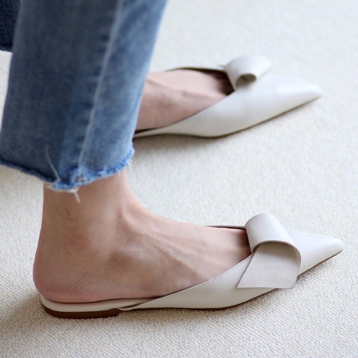 Cowhide shallow mouth pointed toe slippers ladies casual flat shoes