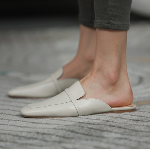 Simple style flat shoes cowhide square toe outdoor slippers