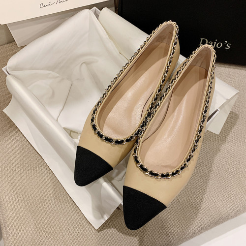 Fashion Women's Flat Cowhide Slippers Simple with Chain Pointed Toe