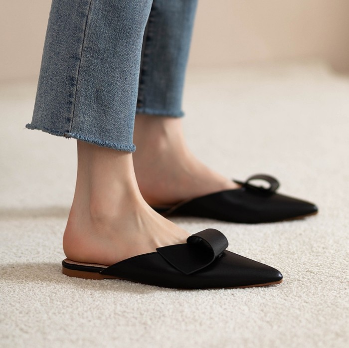 Cowhide shallow mouth pointed toe slippers ladies casual flat shoes
