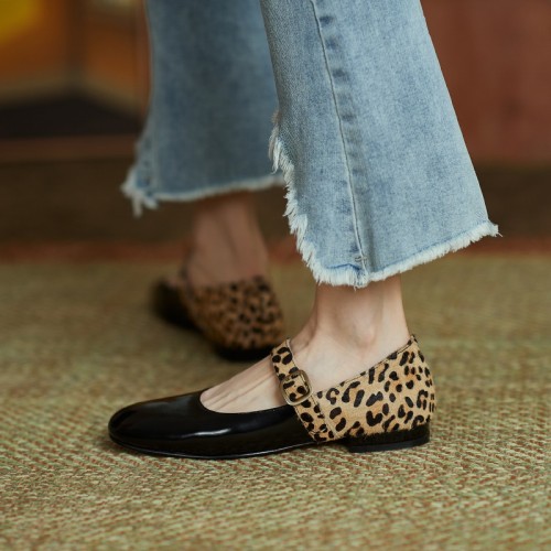 MEZEREON Sexy Leopard Women Flats Cow Leather Horsehair Patchwork Mary Janes Shoes Buckle Strap Low Heel Flats