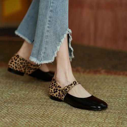 MEZEREON Sexy Leopard Women Flats Cow Leather Horsehair Patchwork Mary Janes Shoes Buckle Strap Low Heel Flats