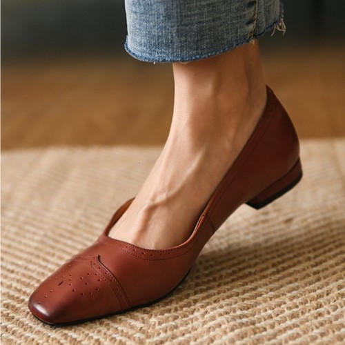 Women's vintage minimalist square toe leather loafers