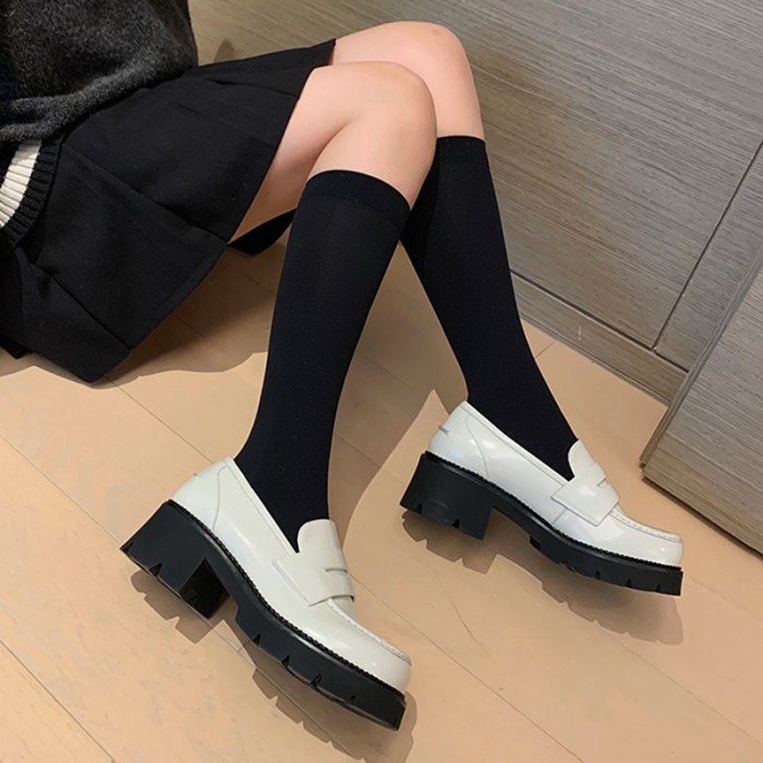 Thick-soled creeper leather shoes square heeled loafers round toe shoes