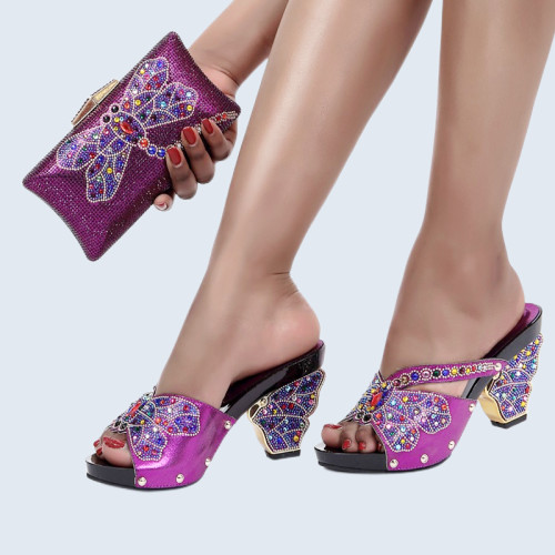New design high heels rhinestone women's high quality slippers and bags