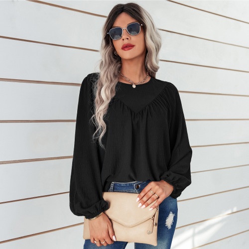 New tops women's solid colour round neck pullover blouse loose shirt
