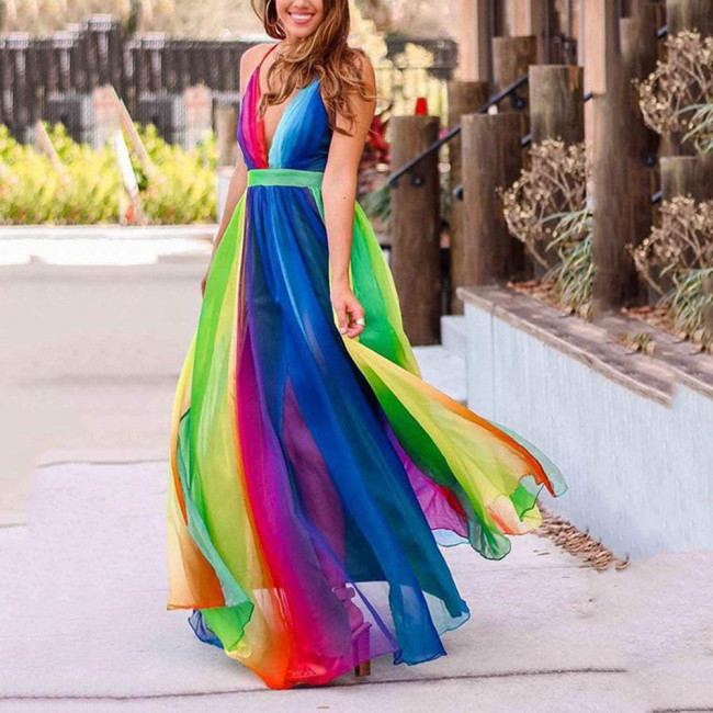 New halter sexy deep V rainbow chiffon halter dress