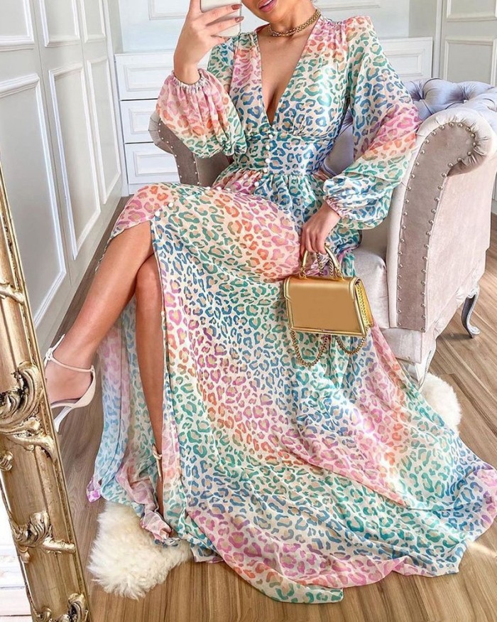 New deep V lantern sleeve colourful leopard print casual long dress