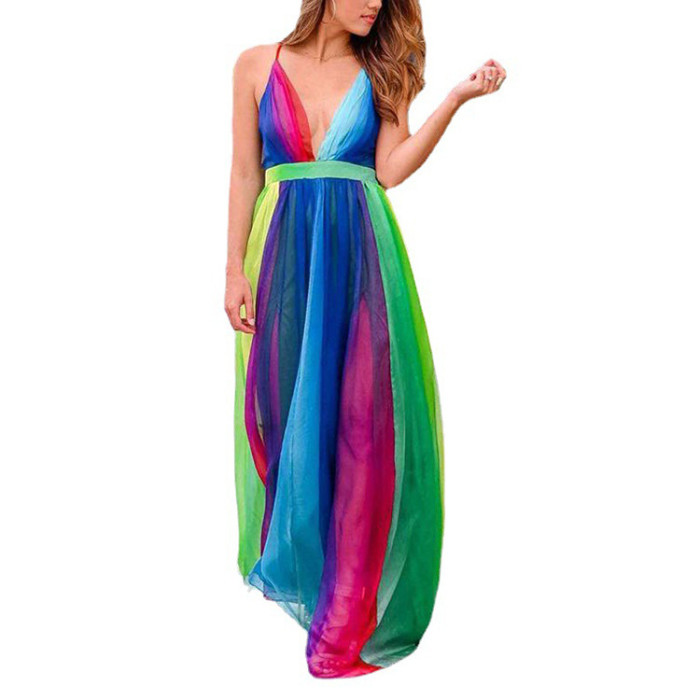 New halter sexy deep V rainbow chiffon halter dress