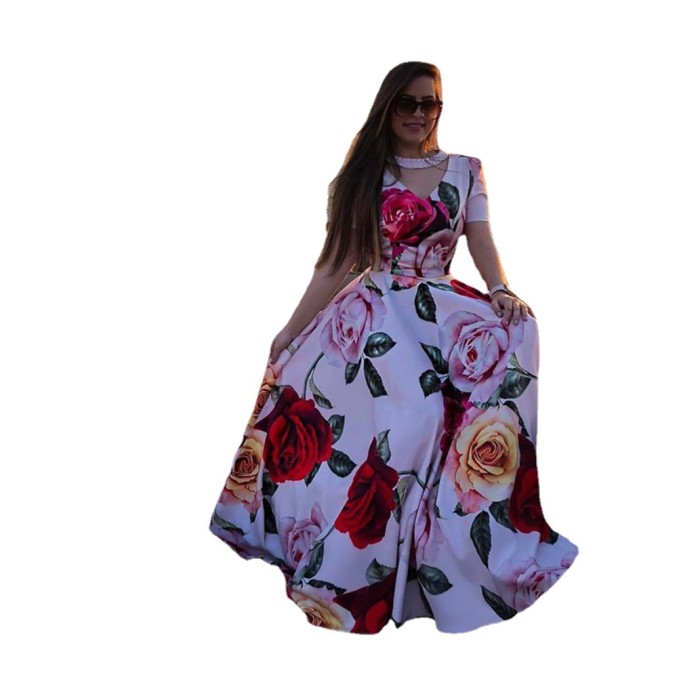 New Roses 3D Printed Big Hem Beaded Splicing Short Sleeve Dress