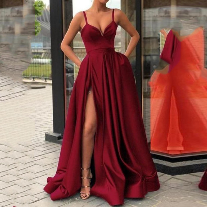 Skinny solid colour halter dress with trailing tail party satin