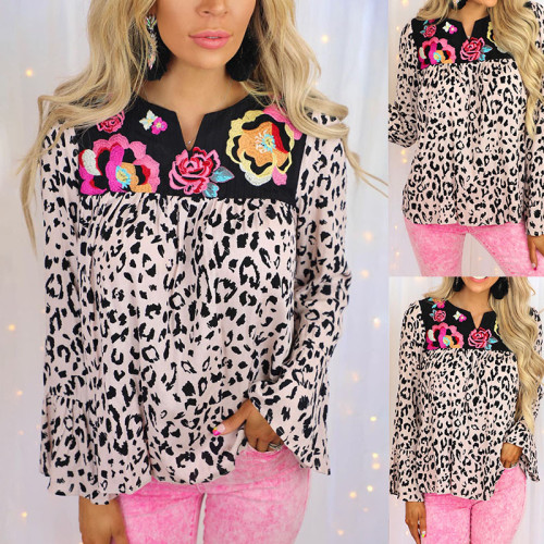 Summer new women's leopard print splicing long-sleeved casual loose blouse