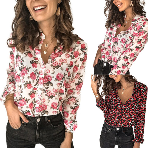 Summer new women's tops fashion floral long-sleeved cardigan casual blouse