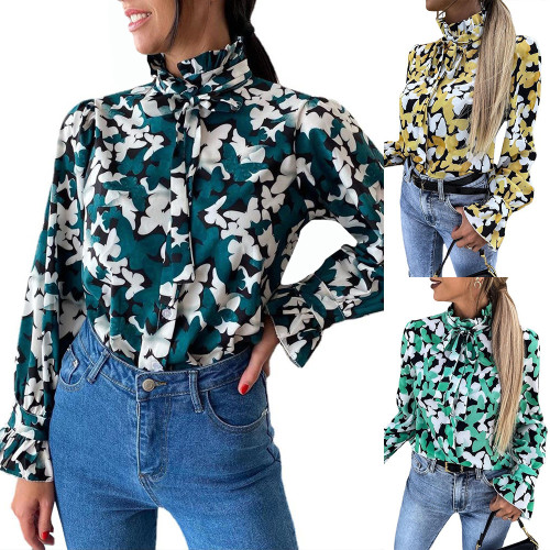 New fashion butterfly print long sleeve loose casual shirt ladies tops