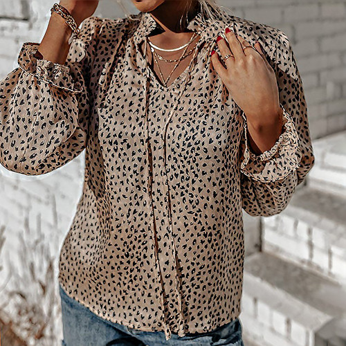 Spring and summer new fashion leopard print V-neck ruffle lantern long-sleeved shirt