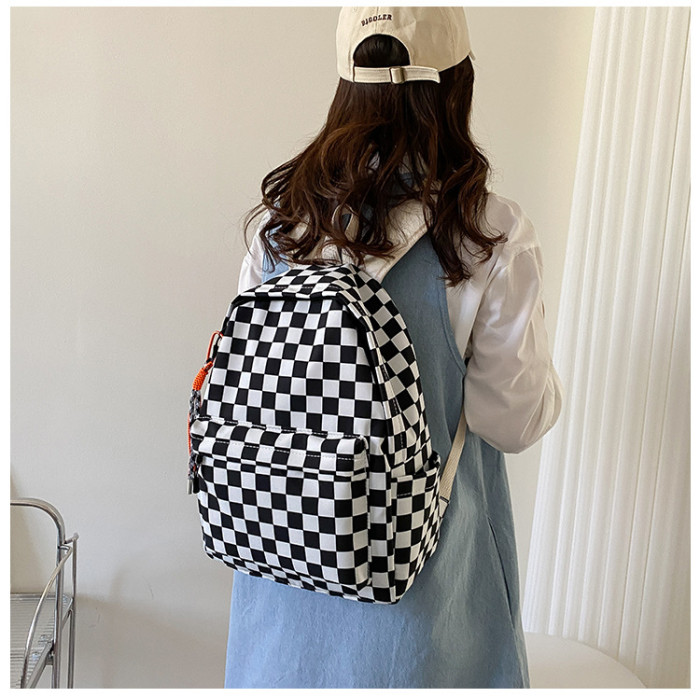 New black and white checkered male student Japanese shoulder bag