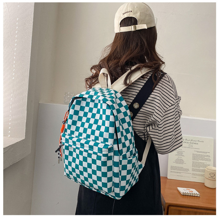 New black and white checkered male student Japanese shoulder bag