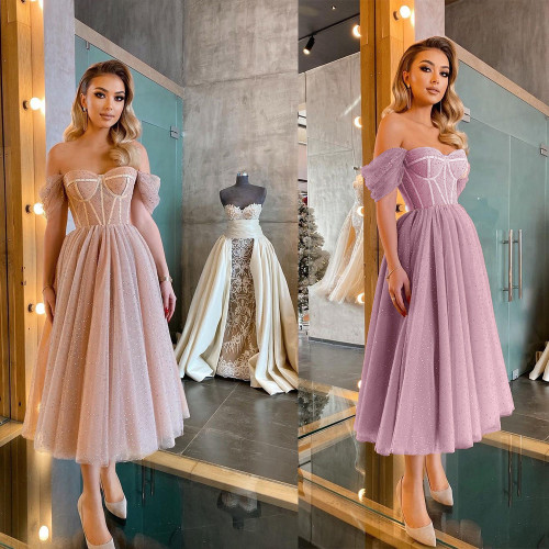 Women's temperament sequin princess mid-length wedding dresses evening fashion swing evening dresses