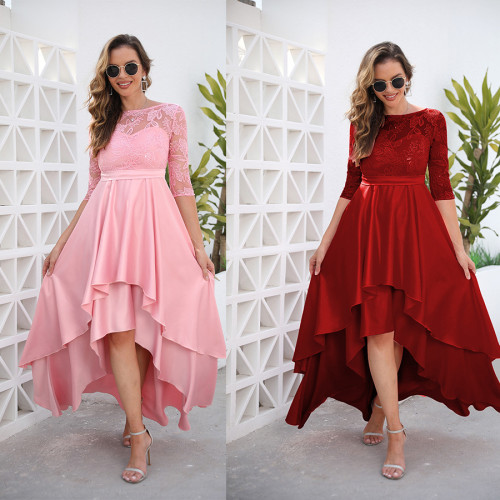 2022 Spring and autumn long models in the sleeves round neck trailing dress sequins lace evening dress red dress